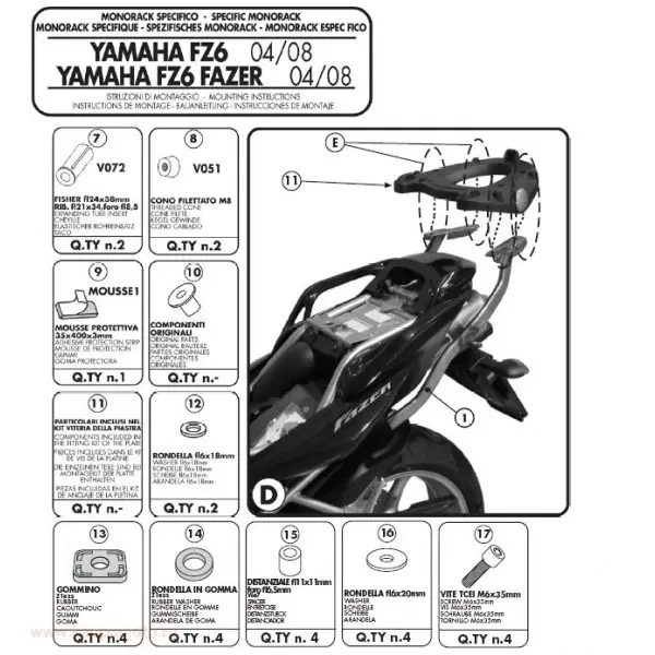 KAPPA nosič zadního kufru YAMAHA FZ6 / FZS 600 FAZER (04-06), FZ6 S2 / FZ6 600 FAZER S2 (07-11) ( bez plotny ) (KAPPA nosič zadního kufru YAMAHA FZ6)