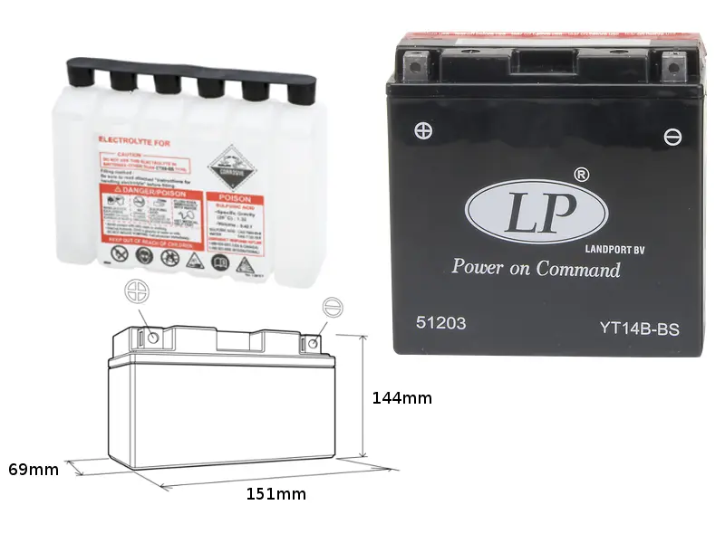 LANDPORT akumulátor YT14B-BS (MA LT14B-BS) 12V 12AH 150X69X145 bezúdržbový - elektrolyt zvlášť (4) UE48 (190A) (LANDPORT akumulátor YT14B-BS (MA)