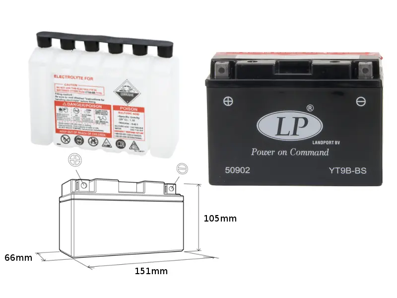 LANDPORT akumulátor YT9B-BS (MA LT9B-BS) 12V 8AH 150X70X105 bezúdržbový - elektrolyt zvlášť (6) UE48 (LANDPORT akumulátor YT9B-BS (MA LT9B-BS) 12V)