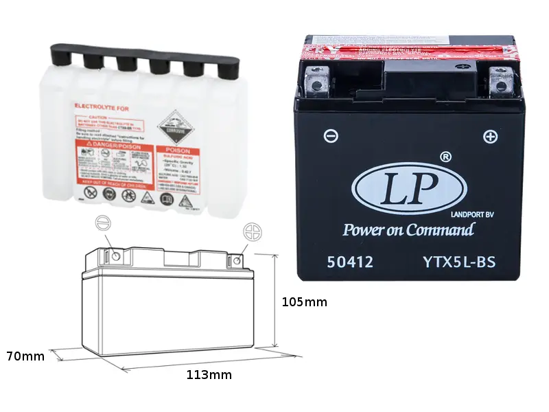 LANDPORT akumulátor YTX5L-BS (MA LTX5L-BS) 12V 4AH 114X71X106 bezúdržbový - elektrolyt zvlášť (8) UE48 (LANDPORT akumulátor YTX5L-BS (MA LTX5L-BS))
