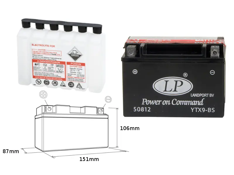 LANDPORT akumulátor YTX9-BS (MA LTX9-BS) 12V 8AH 152X88X106 bezúdržbový - elektrolyt zvlášť (6) UE48 (LANDPORT akumulátor YTX9-BS (MA LTX9-BS) 12V)