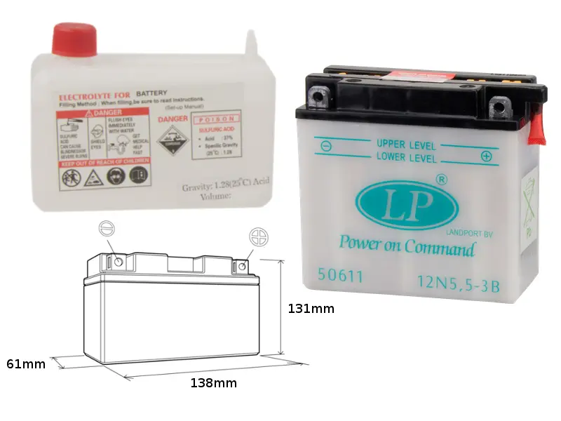 LANDPORT akumulátor 12N5,5-3B (MD 12N5,5-3B) 12V 5,5AH 138X61X131 obsluhovatelný - elektrolyt zvlášť (6) UE48 (LANDPORT akumulátor 12N5,5-3B (MD)