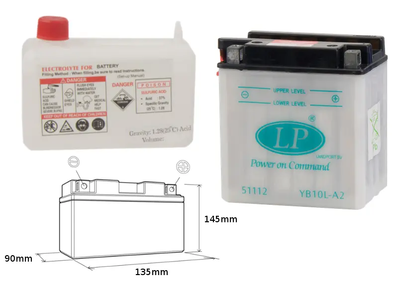 LANDPORT akumulátor YB10L-A2 (MD LB10L-A2) 12V 11AH 136X91X146 (GB10LA2) obsluhovaný - elektrolyt zvlášť (4) UE48 (LANDPORT akumulátor YB10L-A2 (MD)