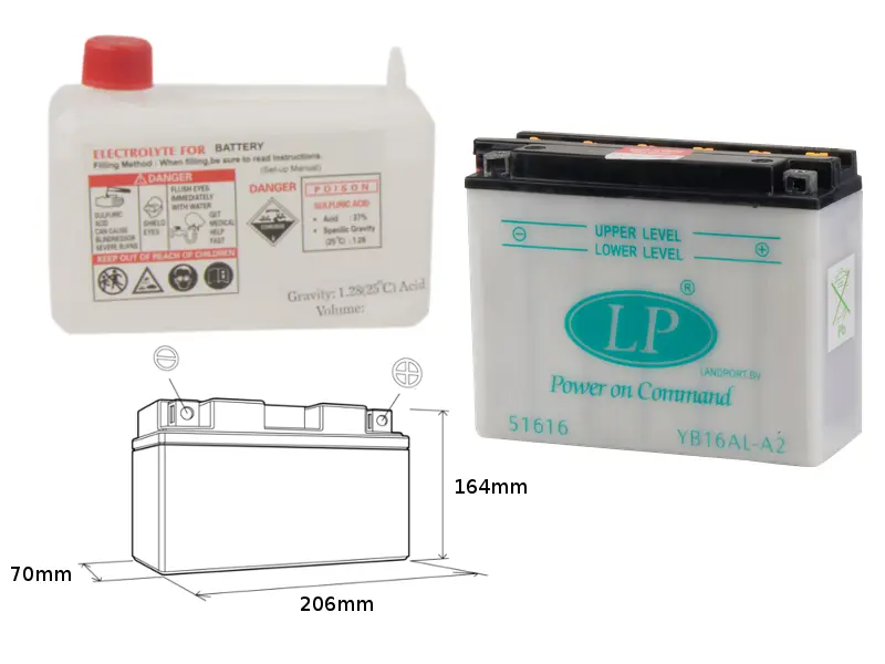 LANDPORT akumulátor YB16AL-A2 (MD LB16AL-A2) 12V 16AH 205X71X164 obsluhovaný - elektrolyt zvlášť (2) UE48 (LANDPORT akumulátor YB16AL-A2 (MD)