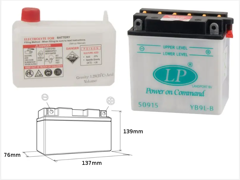 LANDPORT akumulátor YB9L-B (MD LB9L-B) 12V 9AH 137X76X140 (12N9-3B) obsluhovatelný - elektrolyt zvlášť (4) UE48 (LANDPORT akumulátor YB9L-B (MD)