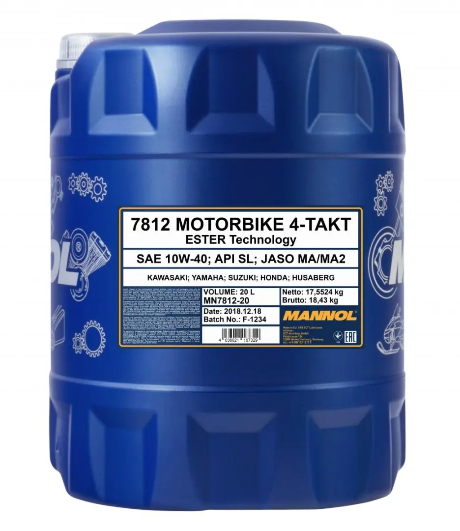 MANNOL motorový olej 4T MOTORBIKE 10W40 20L ESTER + MA2 syntetický (7812) (API SN) (48) (MANNOL motorový olej 4T MOTORBIKE 10W40 20L ESTER + MA2)