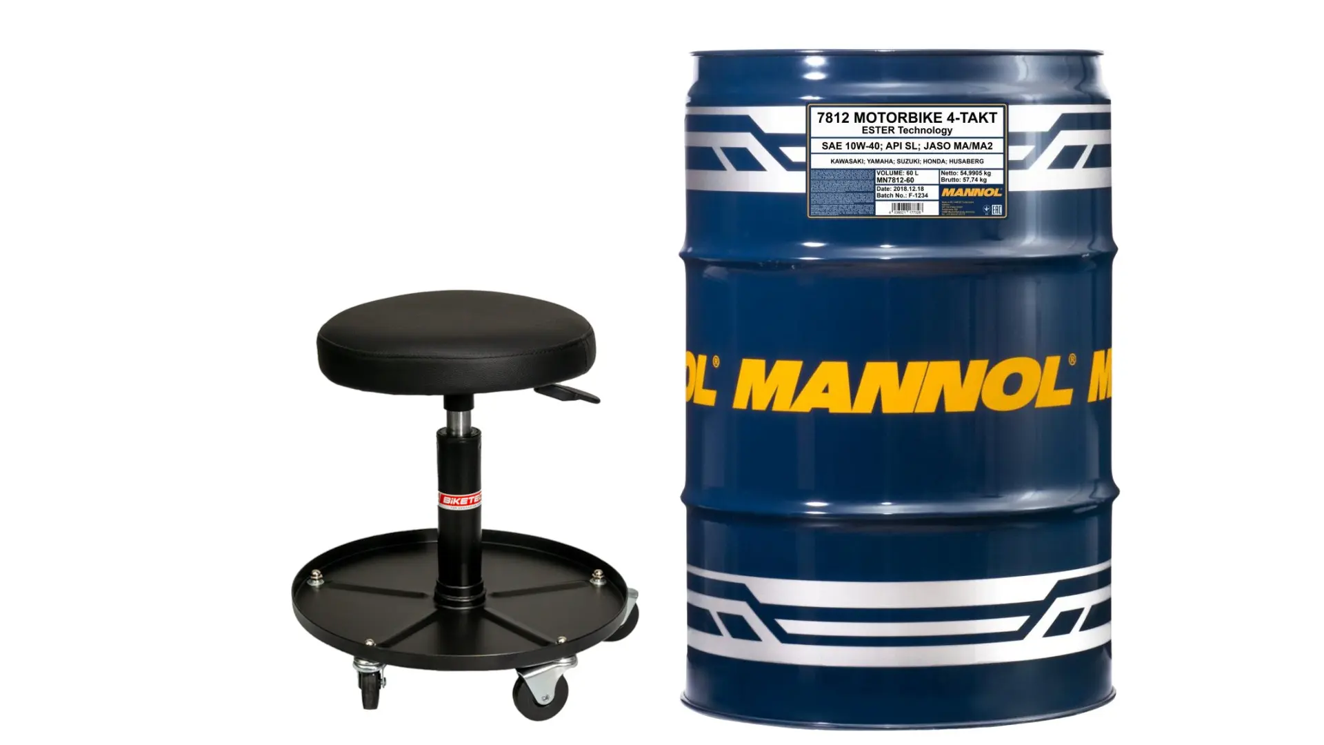 MANNOL motorový olej 4T MOTORBIKE 10W40 208L sud ESTER + MA2 syntetický (7812) (API SN) sud 208L propagační sada s dílenskou židlí BIKETEC (MANNOL)