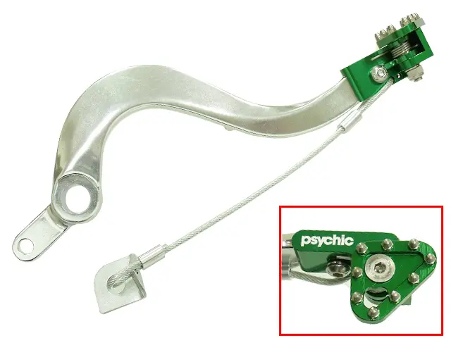 PSYCHIC páka nožní brzdy KAWASAKI KXF 450 06-20, KLX 450R 08-19 barva stříbrná se zelenou stopkou (PSYCHIC páka nožní brzdy KAWASAKI KXF 450 06-20,)