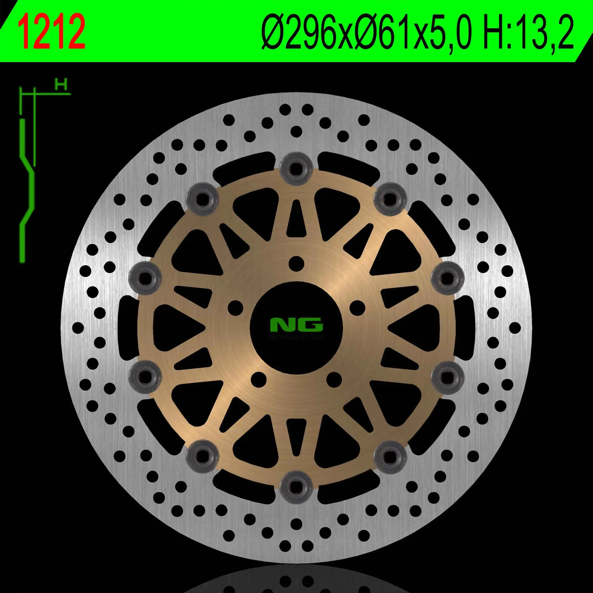 NG přední brzdový kotouč KAWASAKI ZX9R 98-99 (296X61X5mm) (5X10,5mm) (zlatý střed) (NG přední brzdový kotouč KAWASAKI ZX9R 98-99 (296X61X5mm))