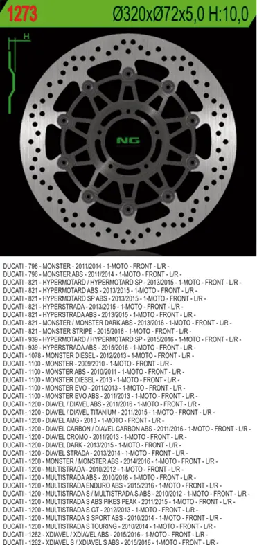 NG přední brzdový kotouč DUCATI 796/821/1078/1100/1200 11-16 (320X72X5) (5X8,5mm) (NG přední brzdový kotouč DUCATI 796/821/1078/1100/1200 11-16)