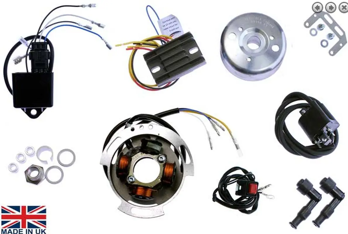ELECTREX sada zapalování rotor (magnetové kolo) vinutí alternátoru, regulátor napětí, zapalovací cívky, botičky svíček BSA A50, A65, TRIUMPH T100,