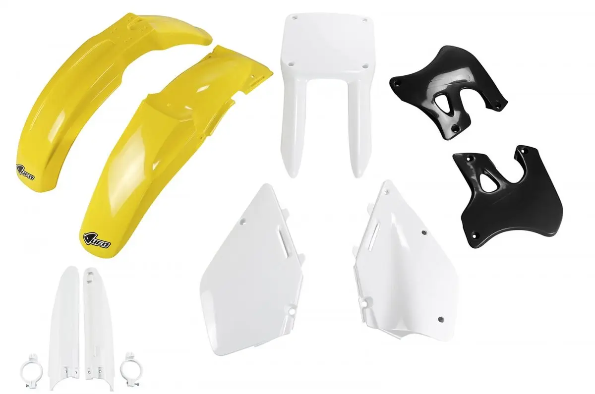 UFO kompletní sada plastů (FULL KIT) s kryty přední vidlice SUZUKI RM 125 96-98 barva (žlutá/bílá/černá) (SU393E999) (UFO kompletní sada plastů (FULL)