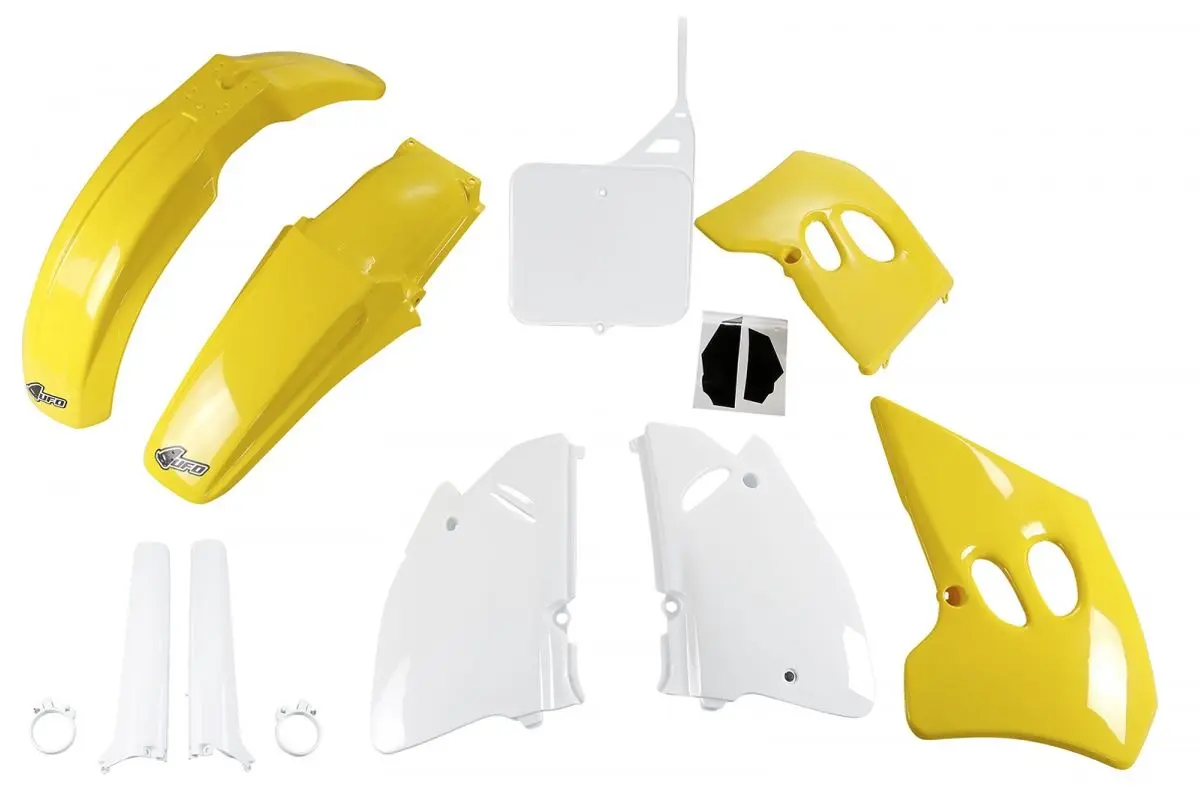 UFO kompletní sada plastů (FULL KIT) s kryty přední vidlice SUZUKI RM 125 94-95, RM 250 94-95 barva (žlutá/bílá) (SU394E999) (UFO kompletní sada)
