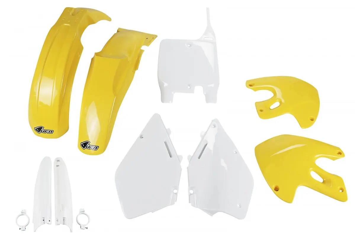 UFO kompletní sada plastů (FULL KIT) s kryty přední vidlice SUZUKI RM 125 / 250 99-00 barva (bílá/žlutá) (SU400E999) (UFO kompletní sada plastů (FULL)
