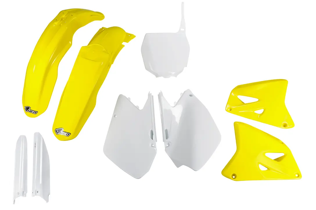 UFO kompletní sada plastů (FULL KIT) s kryty tlumičů SUZUKI RM 125 / 250 06-24 barva OEM ( bílá / žlutá ) (UFO kompletní sada plastů (FULL KIT) s)