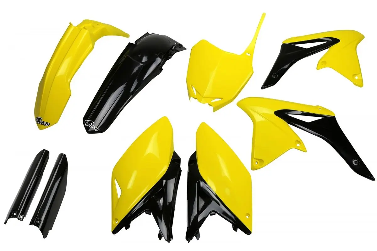 UFO kompletní sada plastů (FULL KIT) s kryty přední vidlice SUZUKI RMZ 250 10-18 barva 14-16 (žlutá/černá) (SU416E999) (UFO kompletní sada plastů)