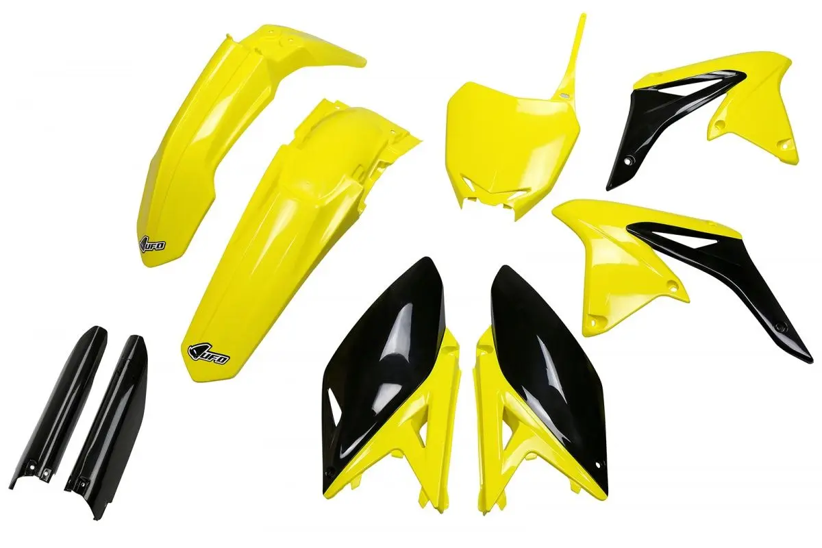 UFO kompletní sada plastů (FULL KIT) s kryty přední vidlice SUZUKI RMZ 250 10-18 barva 17 (žlutá/černá) (SU416E999K) (UFO kompletní sada plastů (FULL)