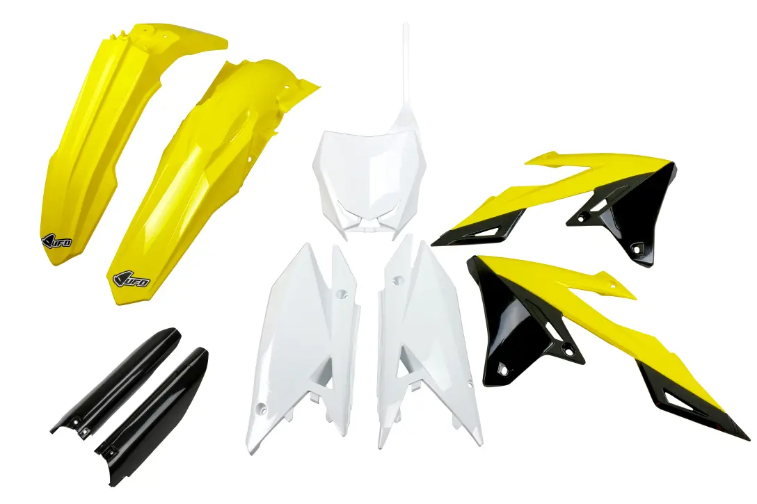 UFO kompletní sada plastů (FULL KIT) s kryty tlumičů SUZUKI RMZ 250 19-25, RMZ 450 18-25 barva OEM ( žlutá / bílá / černá ) (UFO kompletní sada)