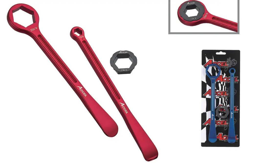 ACCEL sada montážních pák na pneumatiky (23+24cm) ALU7075 kované s klíči 10,13,27,32 mm barva červená (ACCEL sada montážních pák na pneumatiky)