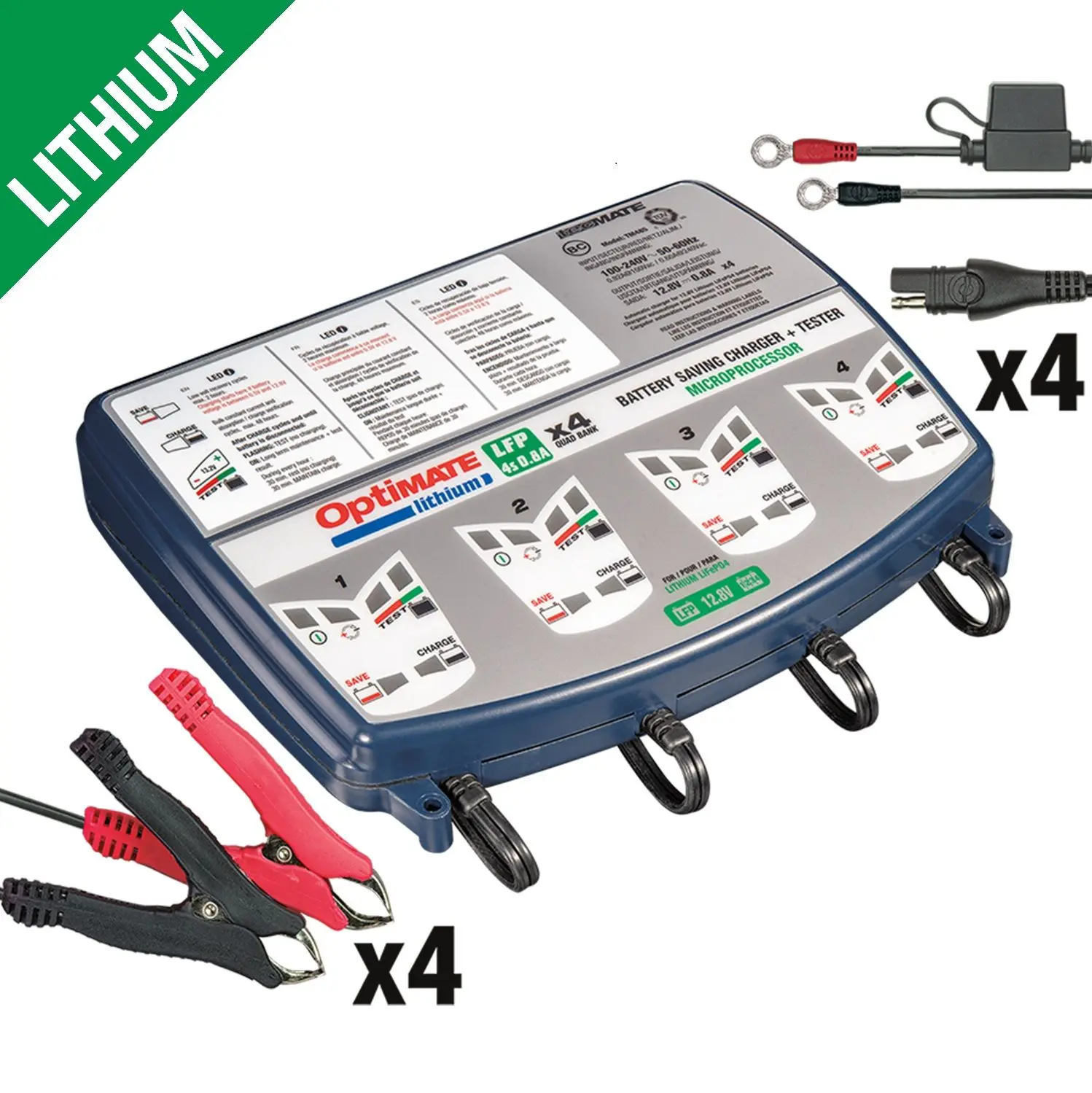 OPTIMATE nabíječka akumulátorů OPTIMATE LITHIUM 4S 12.8V / 13.2V 0.8A, 1-10AH, LIFEPO4 / LFP, SAE QUAD BANK ( na 4 akumulátory ) (EL) (6) (OPTIMATE)