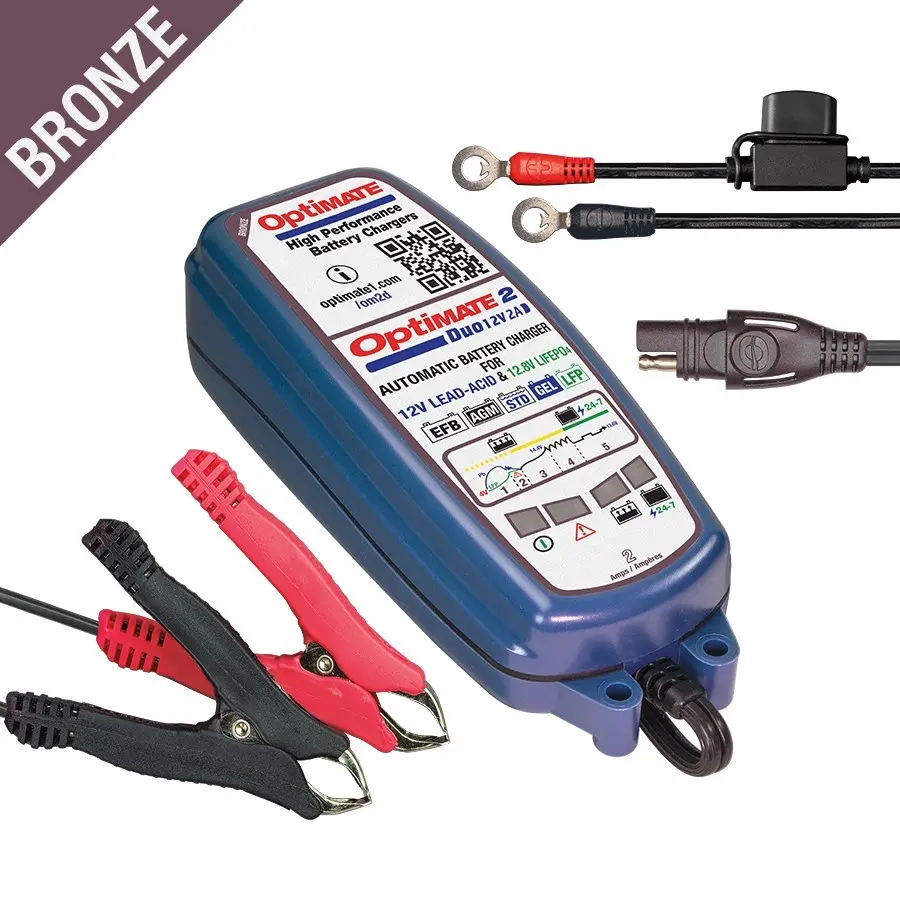 OPTIMATE nabíječka akumulátorů OPTIMATE 2 DUO 12V 2A 6-96AH AGM / GEL / STD 6-96AH, LITHIUM (LIFEPO4) 12.8V 2A 2-24AH, SAE (EL) - nahrazuje TM420 (24)