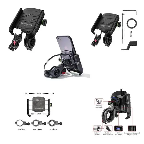 BIKETEC držák motocyklový s nabíječkou USB 3.0 na telefon montovaný na řídítka nebo zrcátko typ: R9-METAL USB QC (EL) (K) (BIKETEC držák motocyklový)