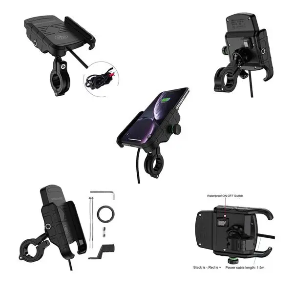 BIKETEC držák motocyklový s indukční nabíječkou na telefon montovaný na řídítka nebo zrcátko typ: R9W-METAL WIRELESS (EL) (BIKETEC držák motocyklový)