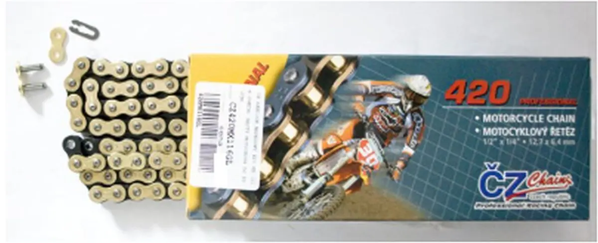 CZ hnací řetěz 420 MX (140 článků) zlatý (MOTOCROSS do 85 ccm) + spona (CZ hnací řetěz 420 MX (140 článků) zlatý (MOTOCROSS do 85 ccm) + spona)