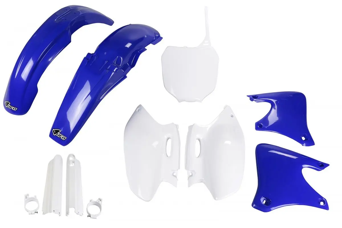 UFO kompletní sada plastů (FULL KIT) s kryty přední vidlice YAMAHA YZF 250 01-02 barva (bílá/modrá) (YA303E999) ( )