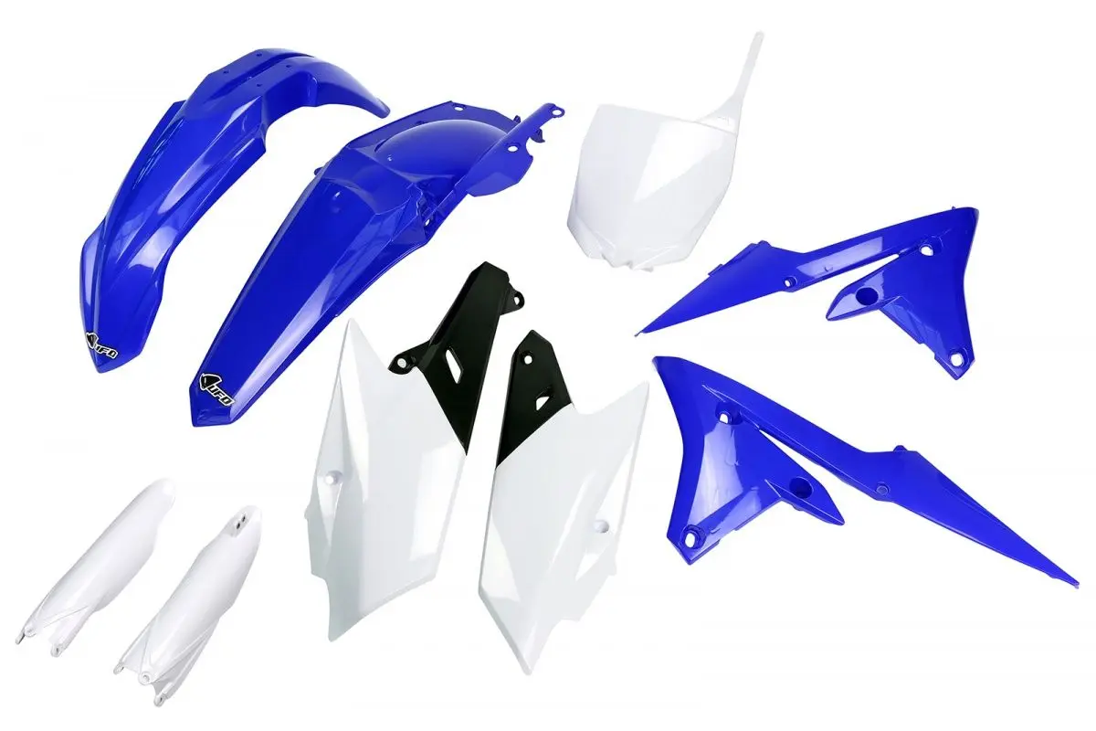 UFO kompletní sada plastů (FULL KIT) s kryty přední vidlice YAMAHA YZF 250 14-18, YZF 450 14-17 barva 18 (modrá/bílá/černá) (YA318E999K) (UFO)
