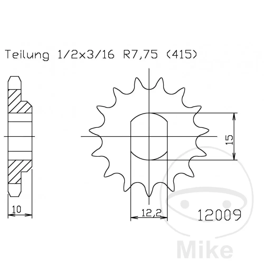 Esjot přední ozubené kolečko 10Z typ řetězu 415 vnitřní rozteč 12.2/15 BETA MINICROSS 50 R10 05-17, MINICROSS 50 R12 05-17, MINITRIAL 70 LC 13-17,