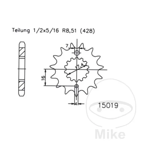Esjot přední ozubené kolečko 15Z typ řetězu 428 jemné ozubení vnitřní rozteč 17.4/20 KAWASAKI NINJA E-1  ABS 24-25, Z E-1  ABS 24-25, MZ/MUZ RT 125