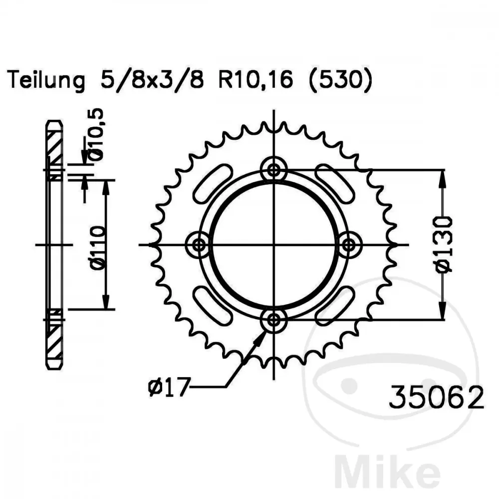 Esjot rozeta 38Z typ 530 černá Vnitřní průměr 110 rozteč děr 130 DINLI DINLI 300 R 14-16, ROOKIE 300 SPECIAL 11-16, ROOKIE 300 X SPECIAL 11-16, MASAI