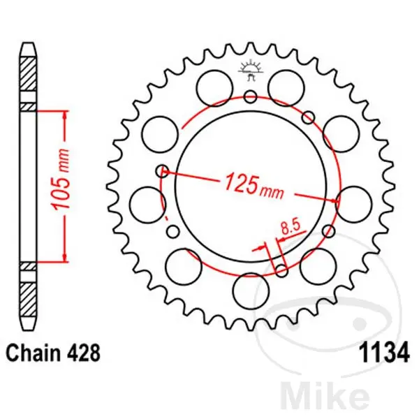 Esjot rozeta 57Z typ 428 Vnitřní průměr 105 rozteč děr 125 DERBI MULHACEN 125  SPEICHENRAD 07-10, SENDA 125 R 04-08, SENDA 125 SM 04-07, SENDA 125 R
