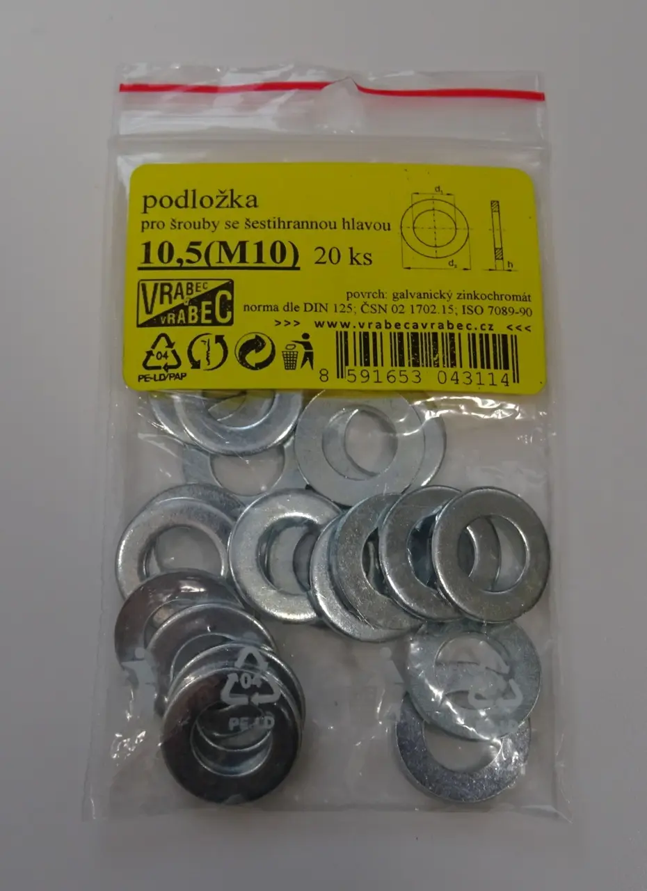 Podložky ploché DIN 125, pozinkované, pro 6hranné šrouby, různé rozměry, Velikost: M5