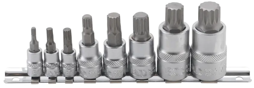 Hlavice zástrčné XZN 1/4”, 3/8” a 1/2”, vel. M4-M16, sada 8 ks na liště - BGS 5105