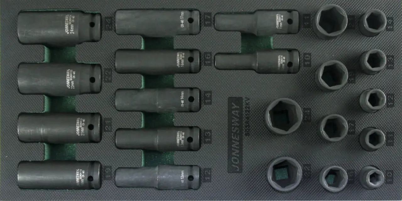 Modul pěnový - hlavice úderové 1/2", 10 - 24 mm, 6hranné, 22 ks - JONNESWAY S03A4122KV