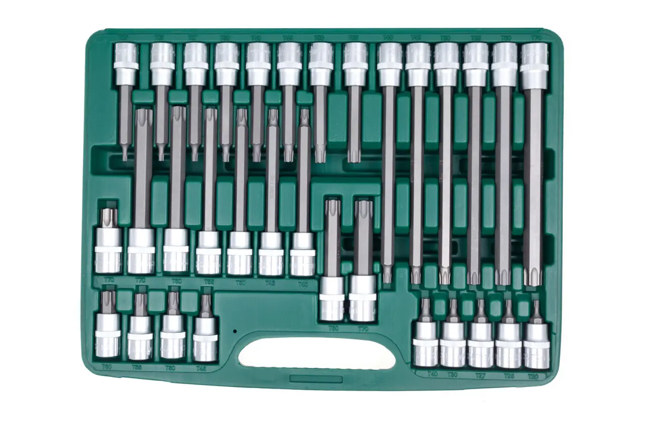 Hlavice 1/2" TORX, vel. T20-T70, krátké a prodloužené, sada 32 ks - JONNESWAY S07H4932S