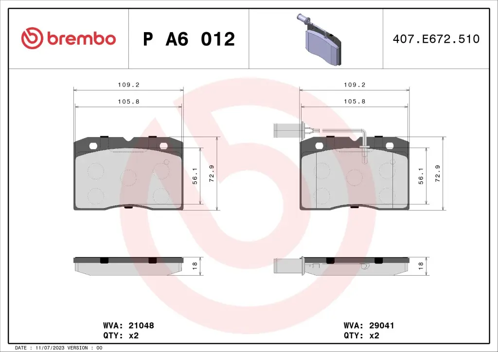 Sada brzdových destiček, kotoučová brzda BREMBO P A6 012
