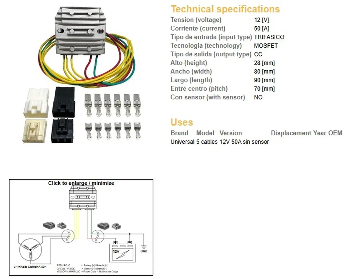 DZE regulátor napětí univerzální MOSFET (50A) 5 kabelů (3X žluté; 1X červený; 1X zelený) ( )
