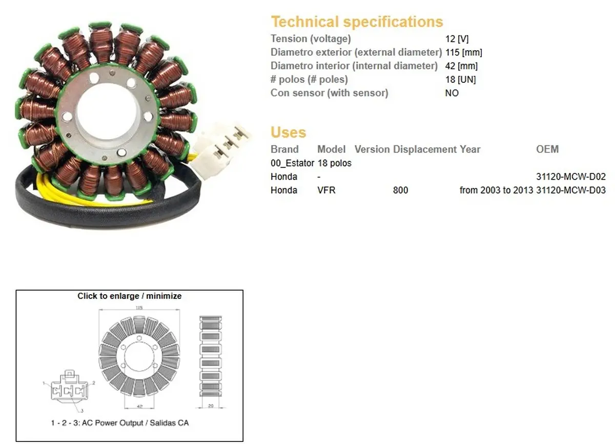 DZE stator (vinutí) alternátoru HONDA VFR 800 03-13 (31120-MCW-D03) ( )