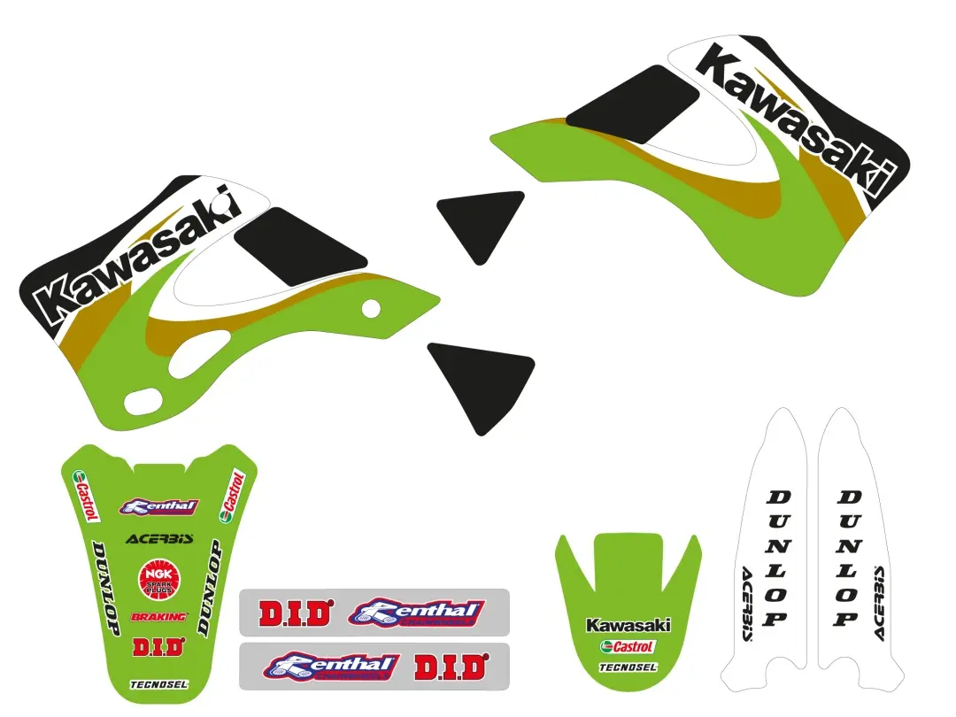 TECNOSEL (BLACKBIRD) sada samolepek (dýhy) KAWASAKI KX 125/250 99-02, REPLICA KAWASAKI 00 barva zelená/černá ( )