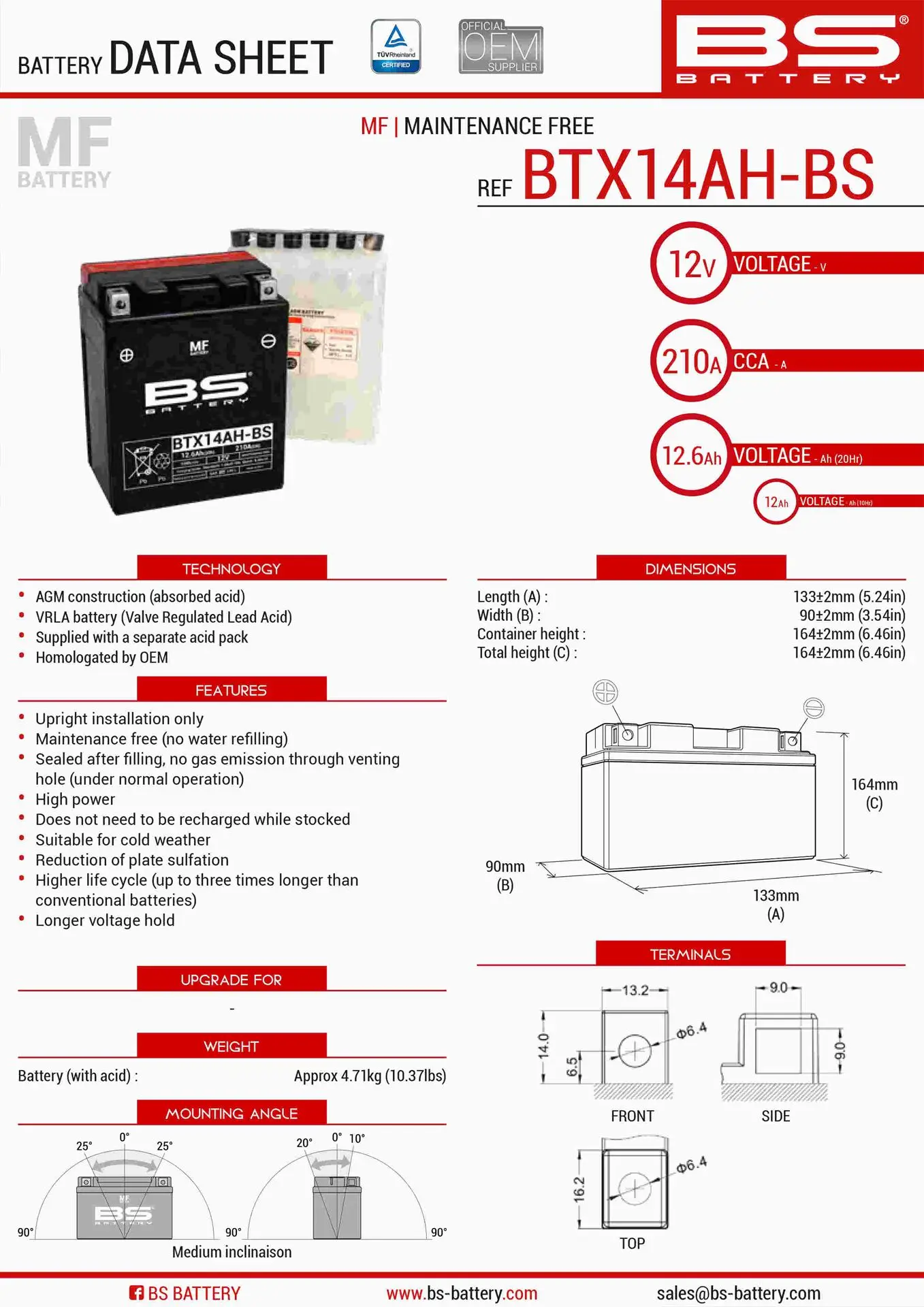 BS akumulátor BTX14AH-BS (YTX14AH-BS) 12V 12AH 134X89X166 bezúdržbový - elektrolyt zvlášť (210A) UE48 (3) (BS akumulátor BTX14AH-BS (YTX14AH-BS) 12V)
