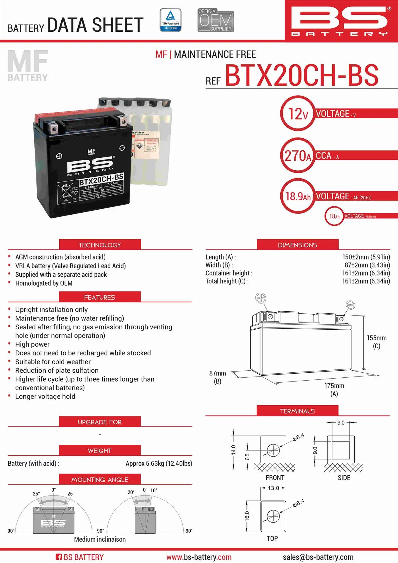 BS akumulátor BTX20CH-BS (YTX20CH-BS, YTX20A-BS) 12V 18AH 150X87X161 bezúdržbový - elektrolyt zvlášť (270A) UE48 (300808) (2) ( )