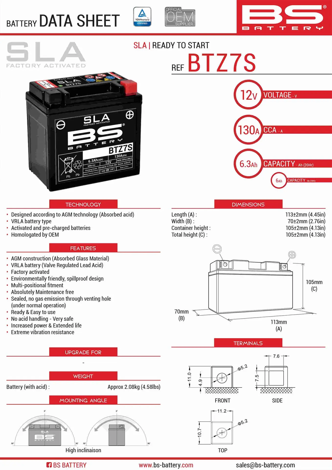 BS akumulátor BTZ7S (FA) (YTZ7S) 12V 6AH 112X69X103 bezúdržbový - plněný (130A) (300635) (4) ( )