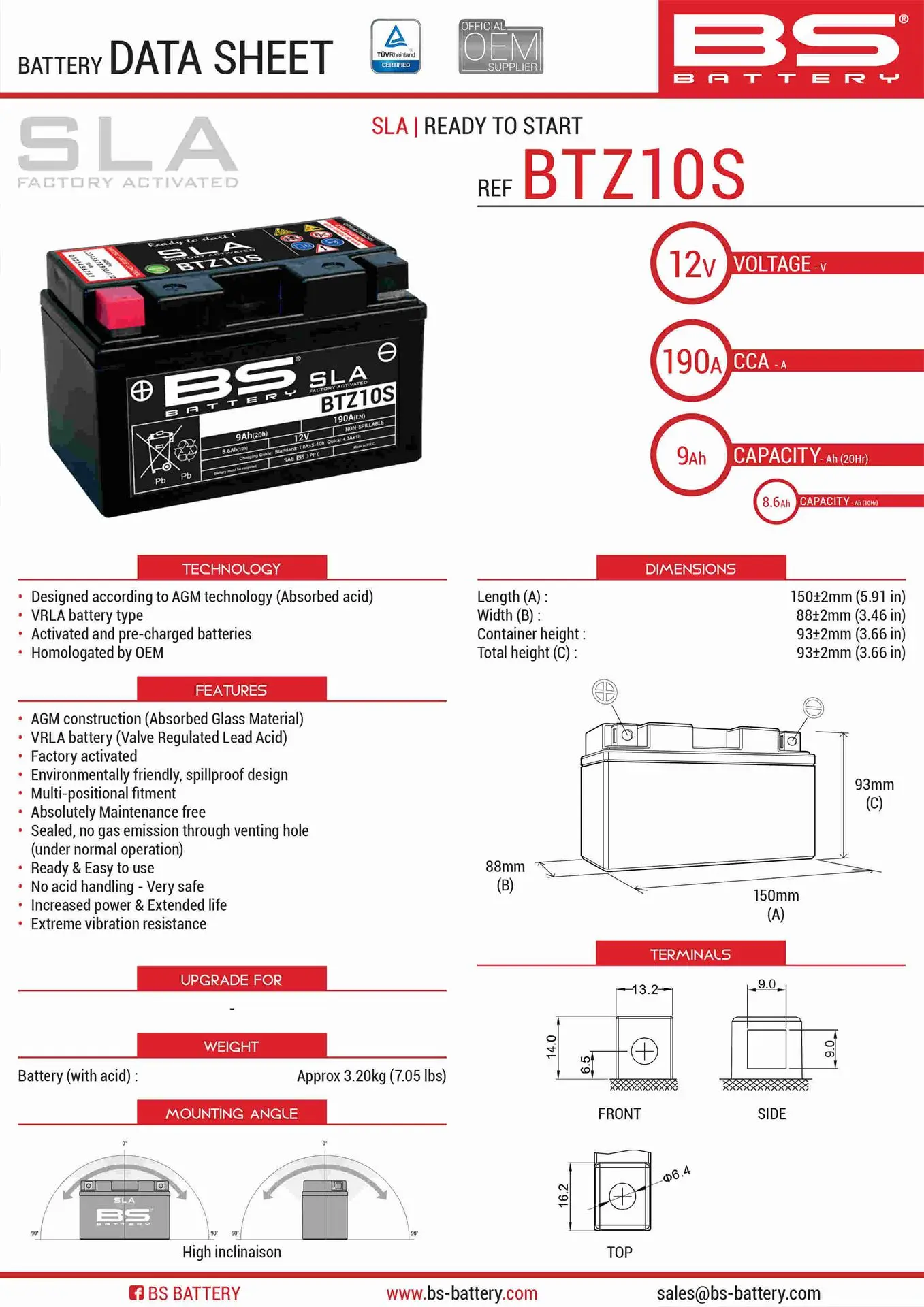 BS akumulátor BTZ10S (FA) (YTZ10S) 12V 8,6AH 150X86X95 bezúdržbový - plněný (190A) (4) ( )