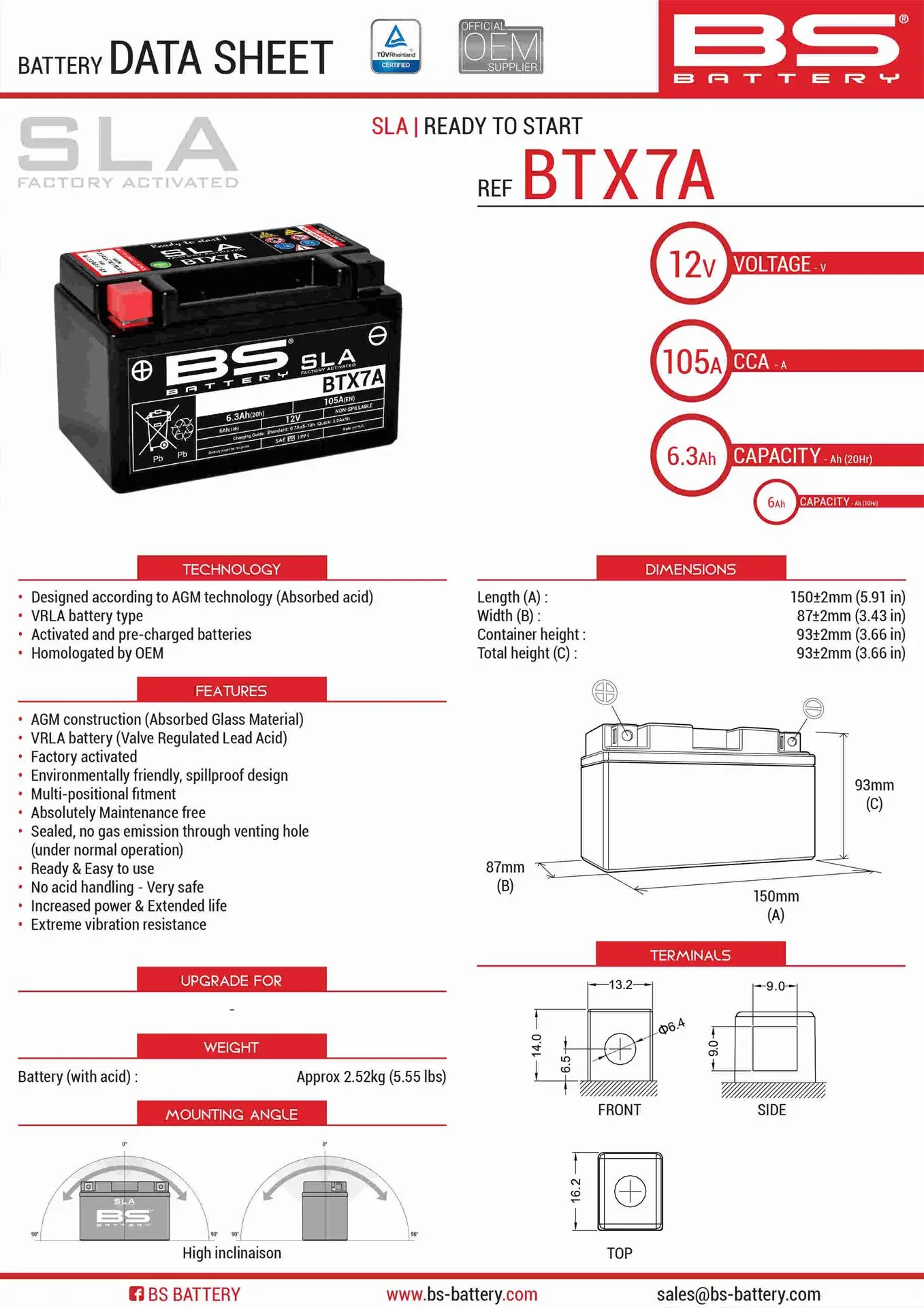 BS akumulátor BTX7A (FA) (YTX7A-BS) 12V 6AH 152X88X94 bezúdržbový - plněný (90A) (6) ( )