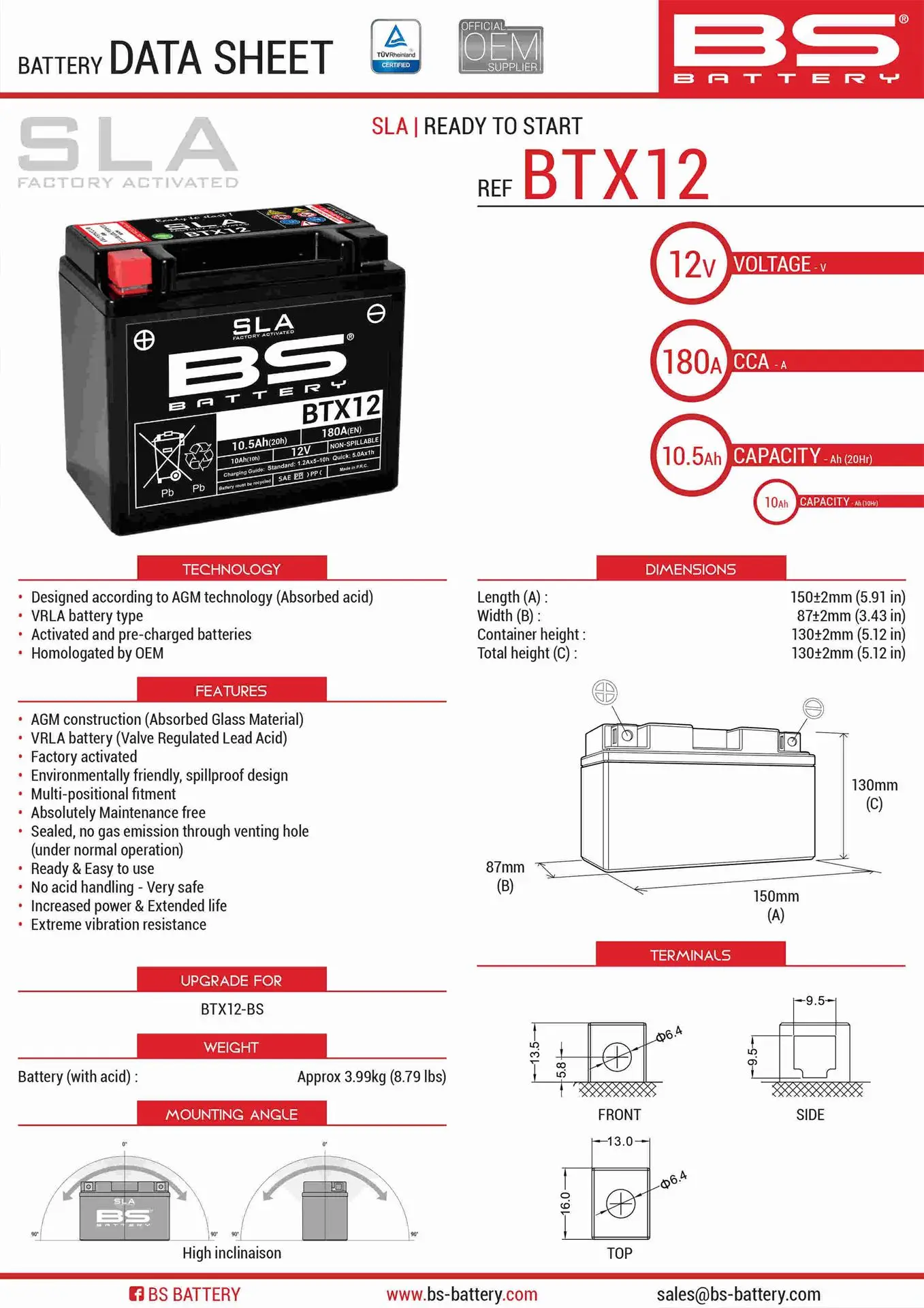 BS akumulátor BTX12 (FA) (YTX12-BS) 12V 10AH 152X88X131 bezúdržbový - plněný (180A) (4) ( )