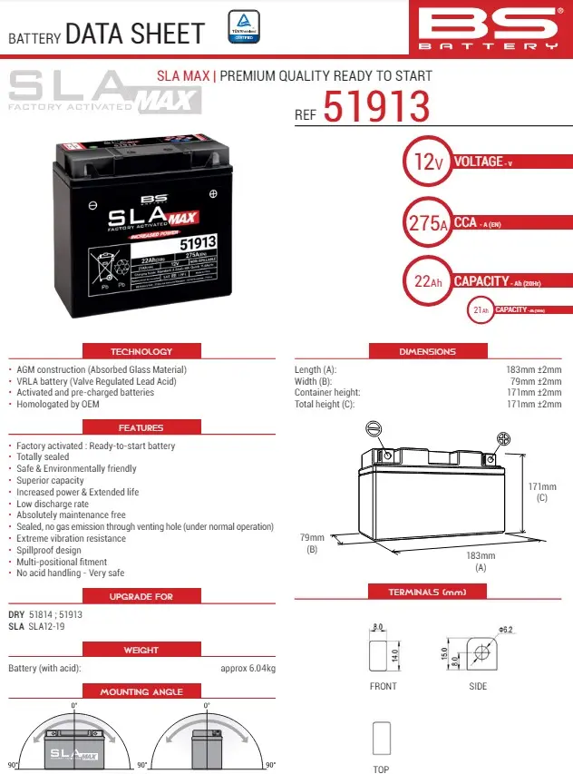 BS akumulátor 51913/51814 MAX (FA) (G12-19,SLA12-19,SLA12-22) 12V 21AH 183X79X171 bezúdržbový - plněný (zvýšený startovací proud) (275A) (BMW) (4)