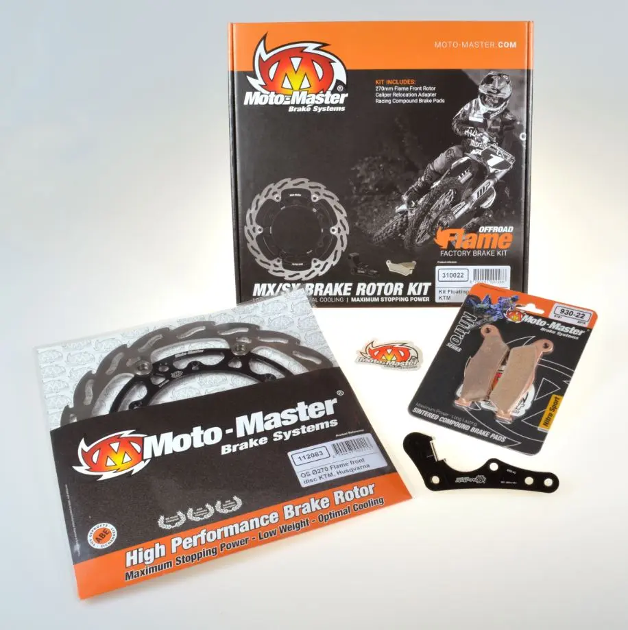 MOTO-MASTER brzdová sada KTM `08-'24, HUSQVARNA '14-'24 (třmen BREMBO) obsahuje: kotouč plovoucí 270mm (112083), adaptér (211045) a destičky KH181